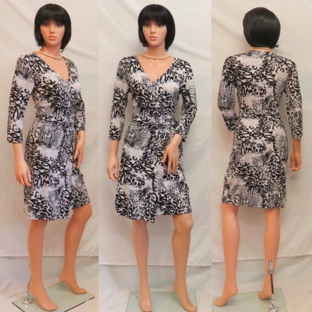 PETER‎ NYGARD Black & White 3/4 Sleeve Wrap Stretch Dress S New